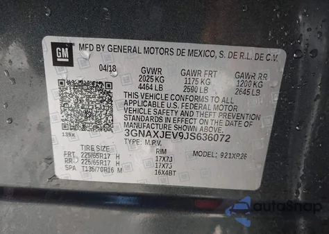 2018 Chevrolet Equinox Lt z USA, uszkodzony, nr VIN 3GNAXJEV9JS636072